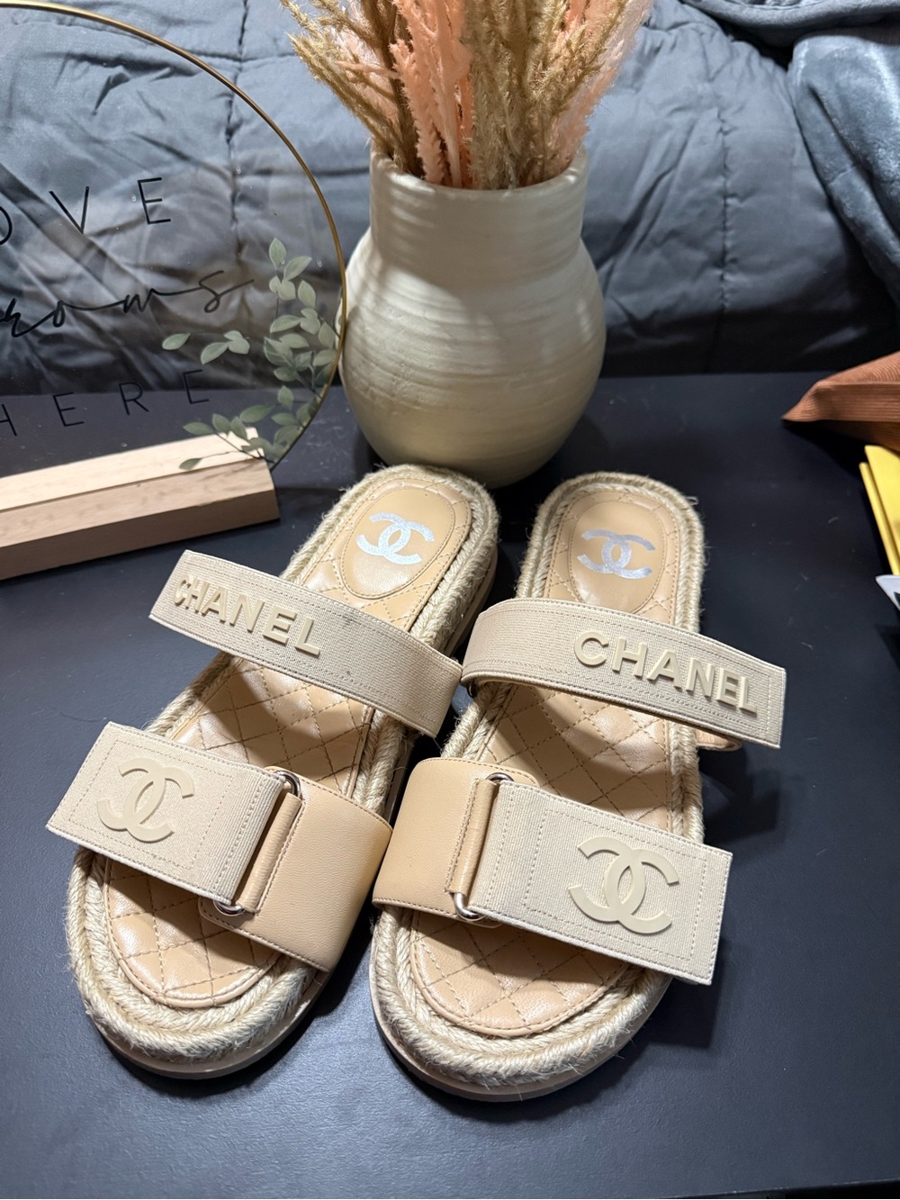 CHANEL Nude Quilted Espadrille Slide Sandals